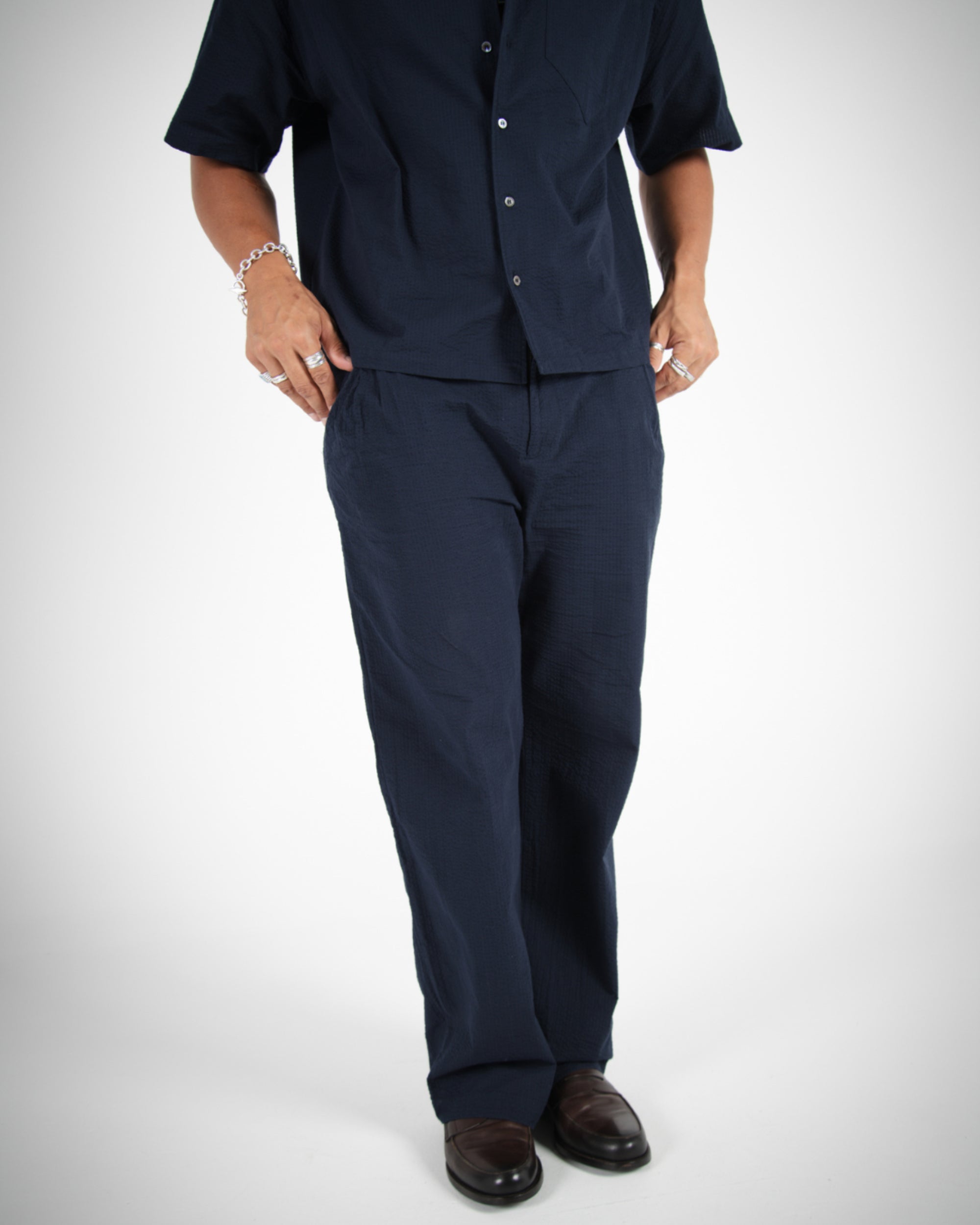 WIDE LEG SEERSUCKER TROUSER - NAVY