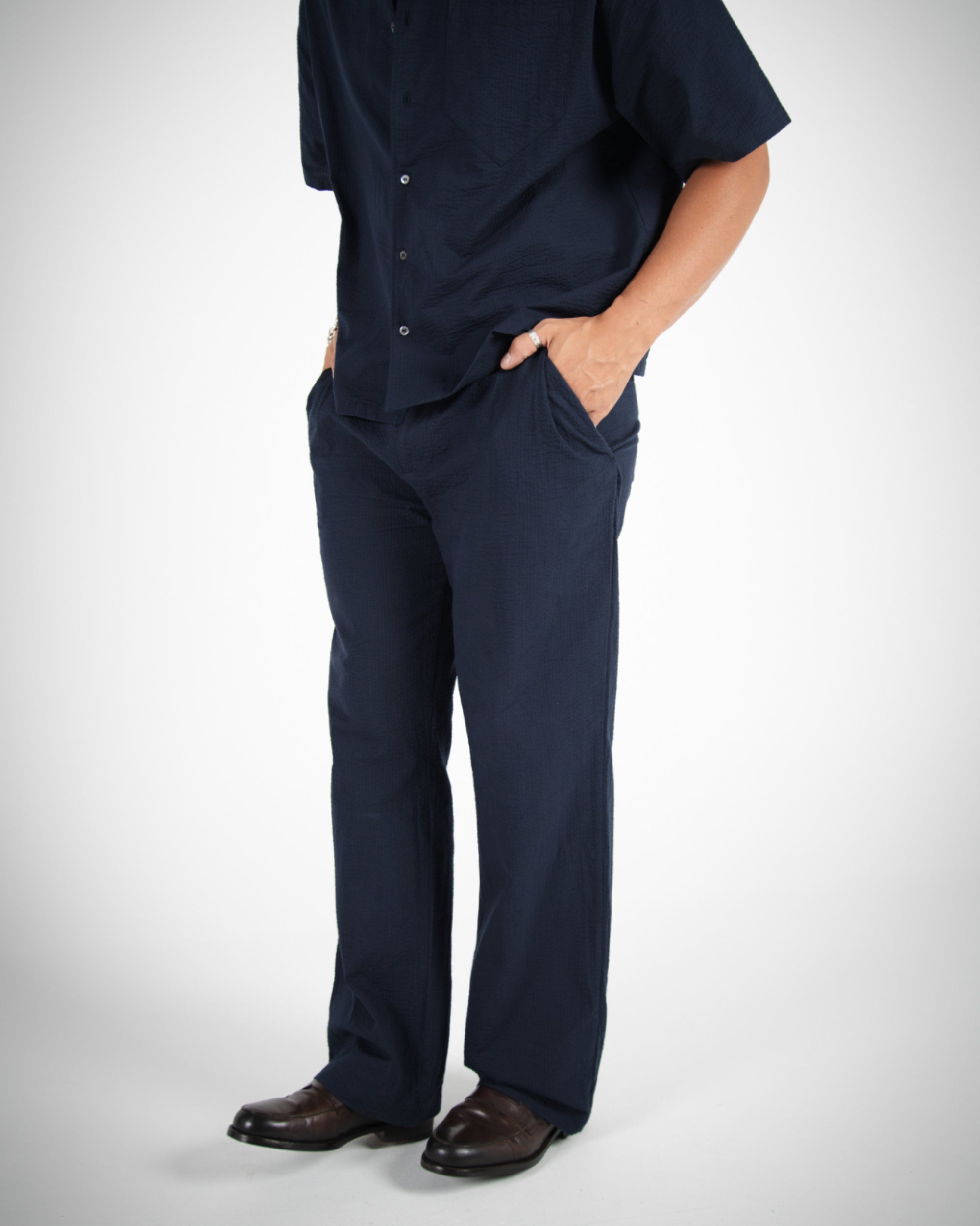 WIDE LEG SEERSUCKER TROUSER - NAVY