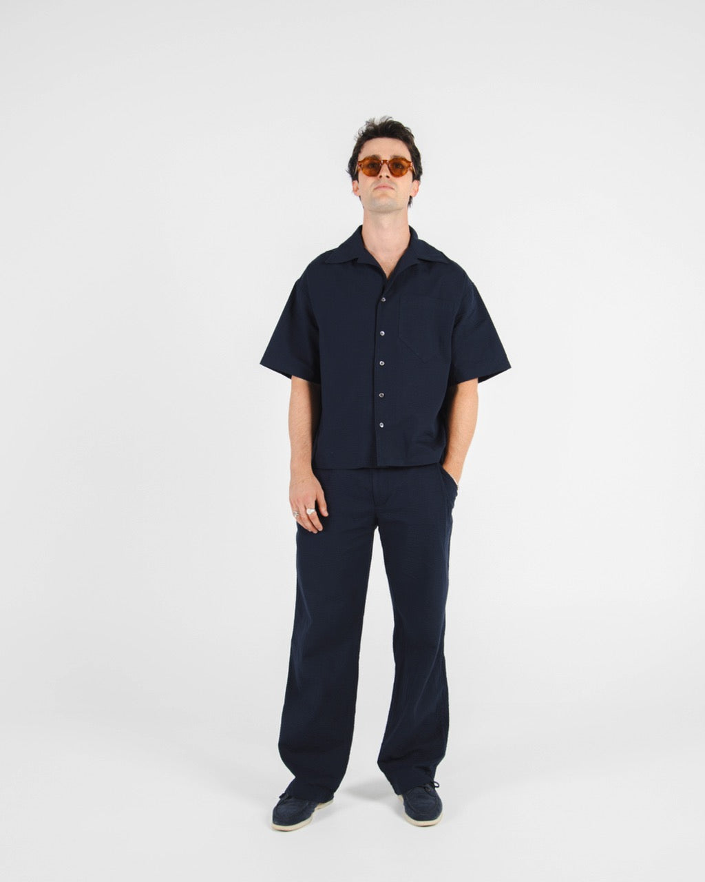 S/S CROP SHIRT SEERSUCKER - NAVY
