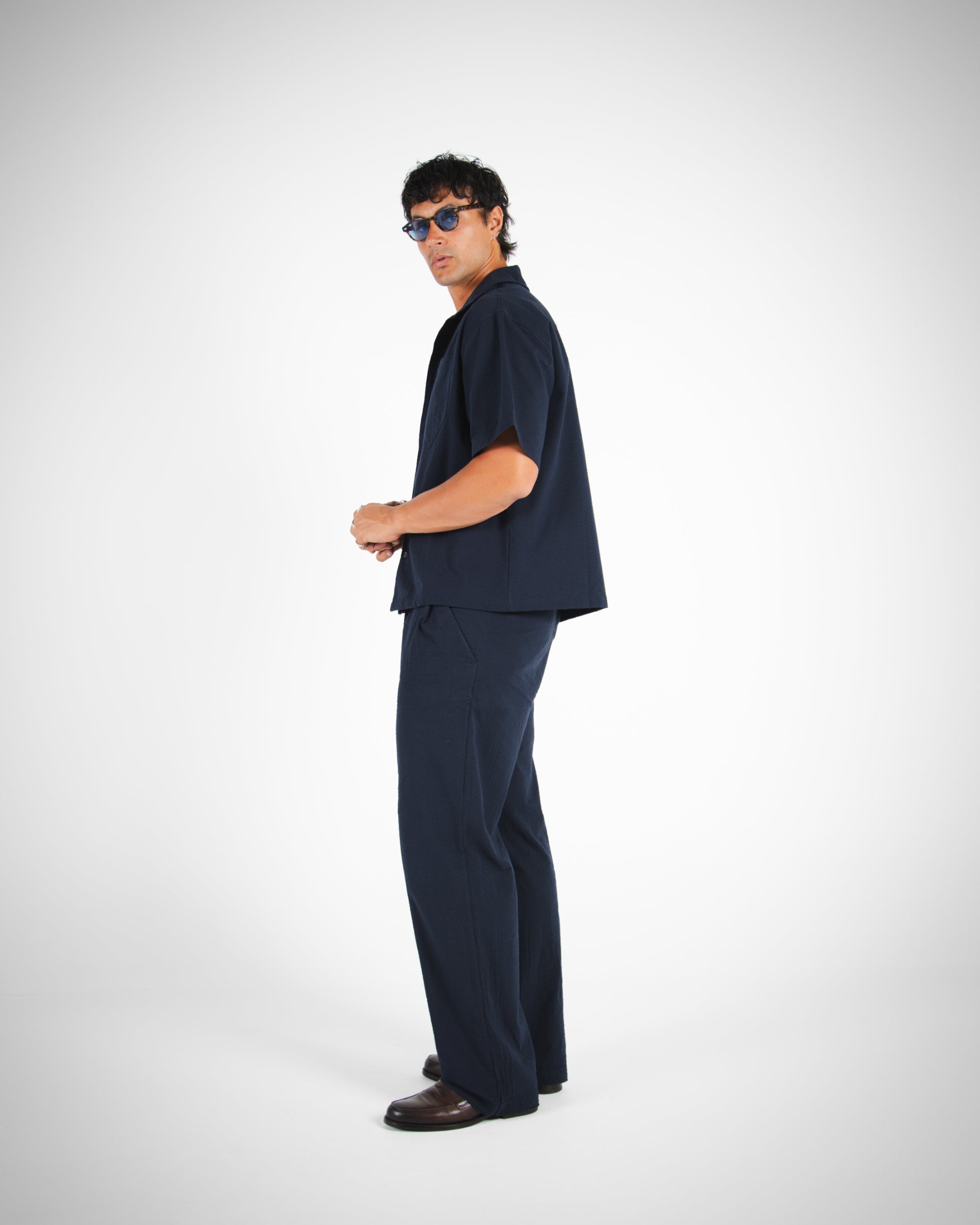 S/S CROP SHIRT SEERSUCKER - NAVY