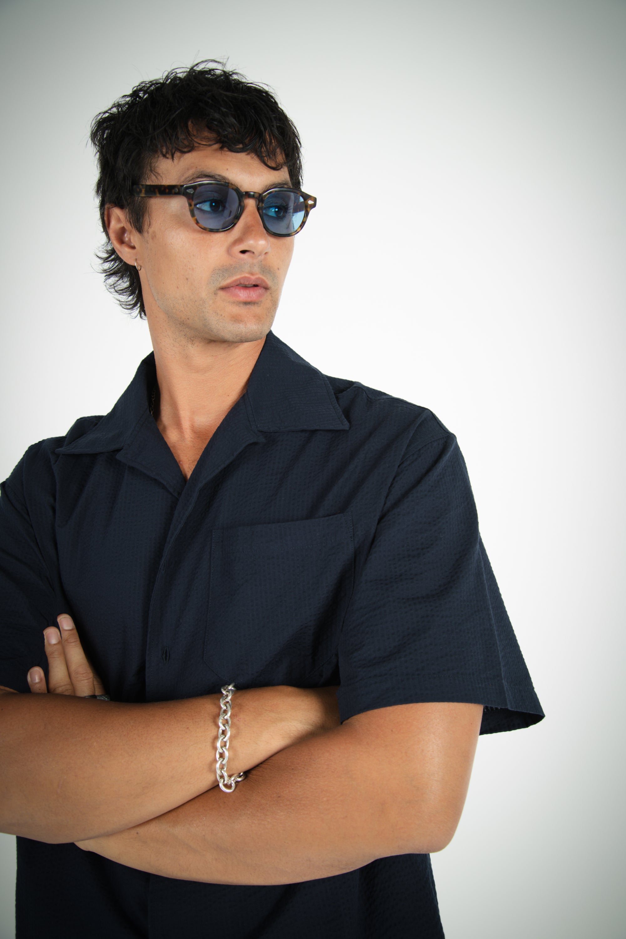 S/S CROP SHIRT SEERSUCKER - NAVY