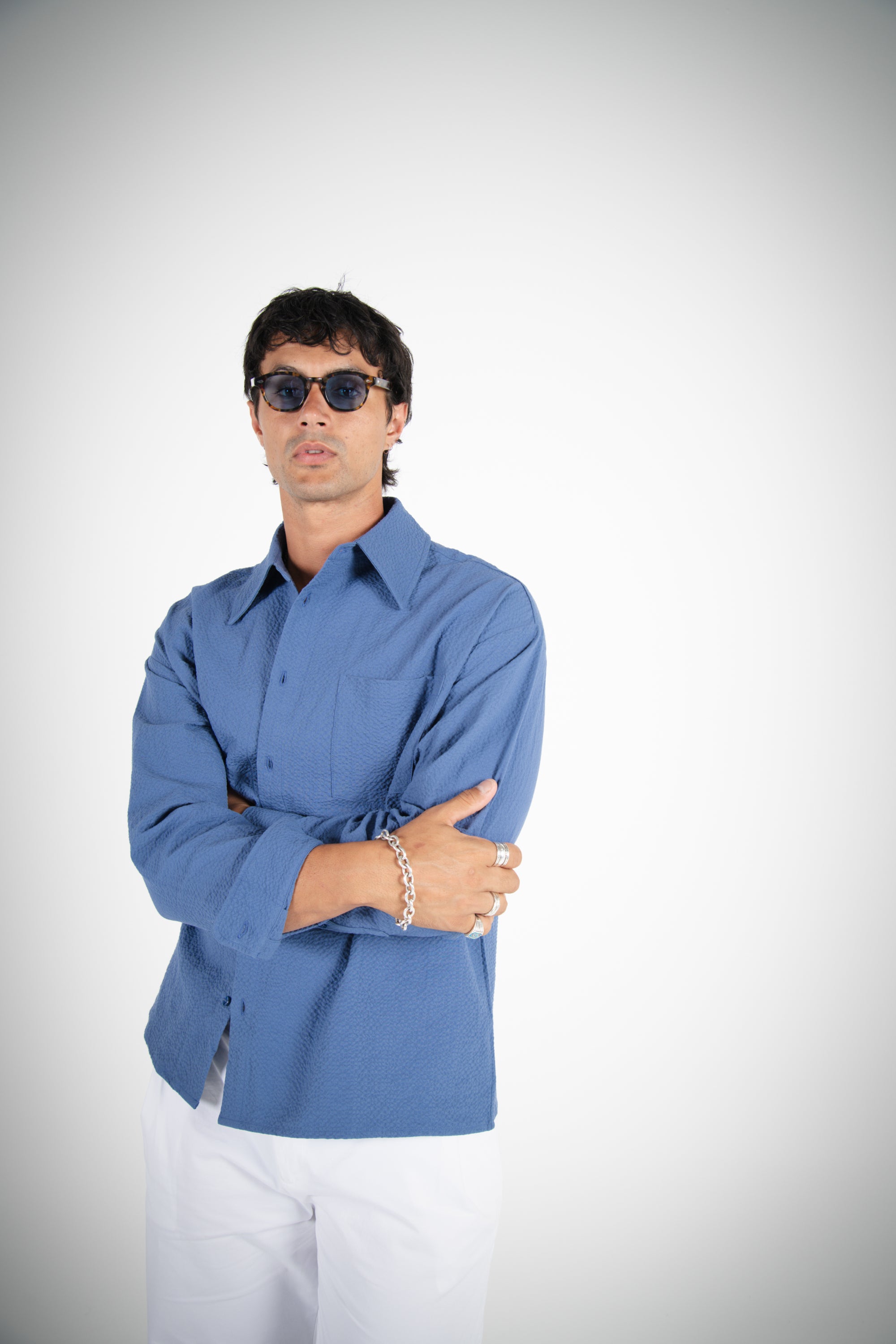 L/S CROP SEERSUCKER SHIRT - LIGHT BLUE