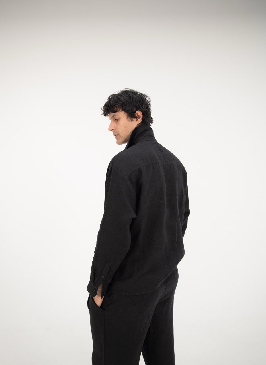L/S CROP LINEN SHIRT - BLACK
