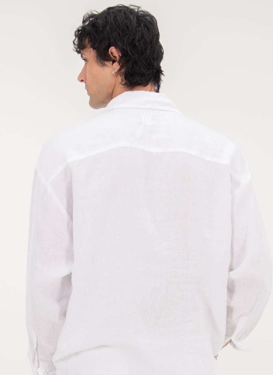 L/S CROP LINEN SHIRT - WHITE