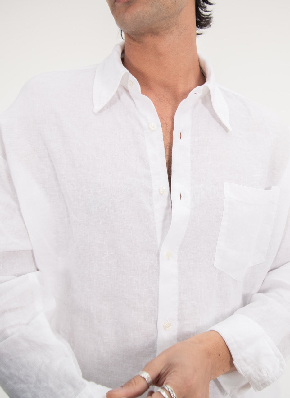 L/S CROP LINEN SHIRT - WHITE