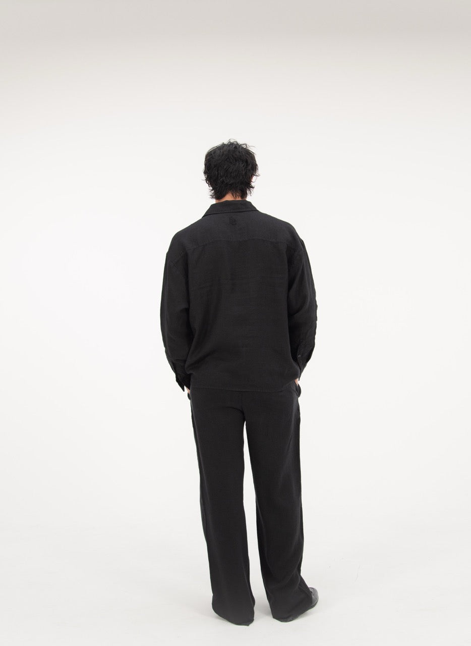 L/S CROP LINEN SHIRT - BLACK