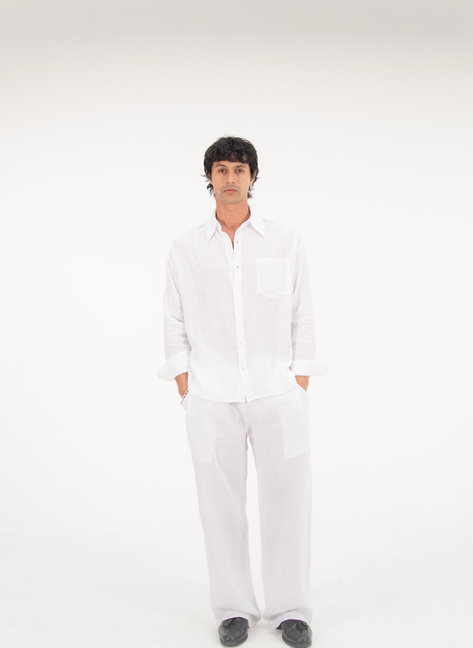 L/S CROP LINEN SHIRT - WHITE