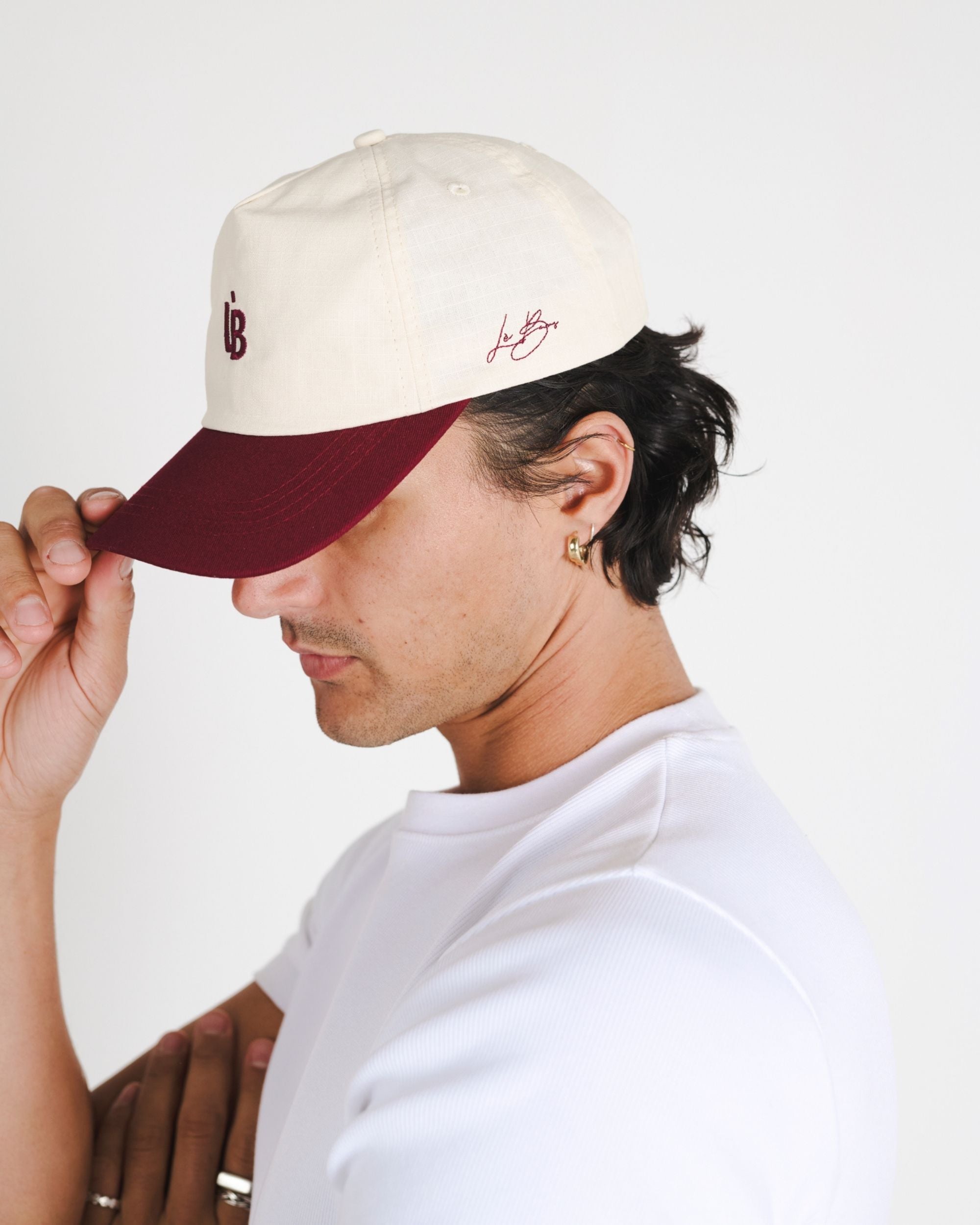 LÈ BAUS 5 PANEL CAP - CREAM/BURGUNDY