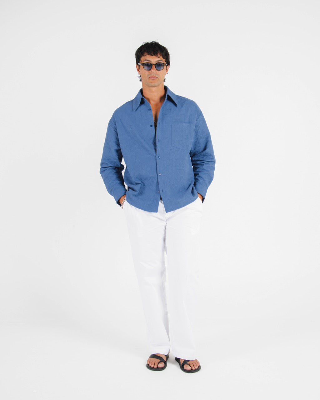 L/S CROP SEERSUCKER SHIRT - LIGHT BLUE