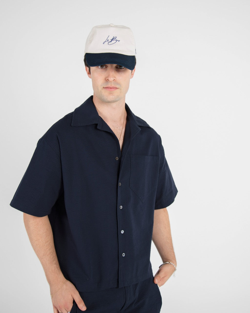 LÈ BAUS 5 PANEL CAP - CREAM/NAVY
