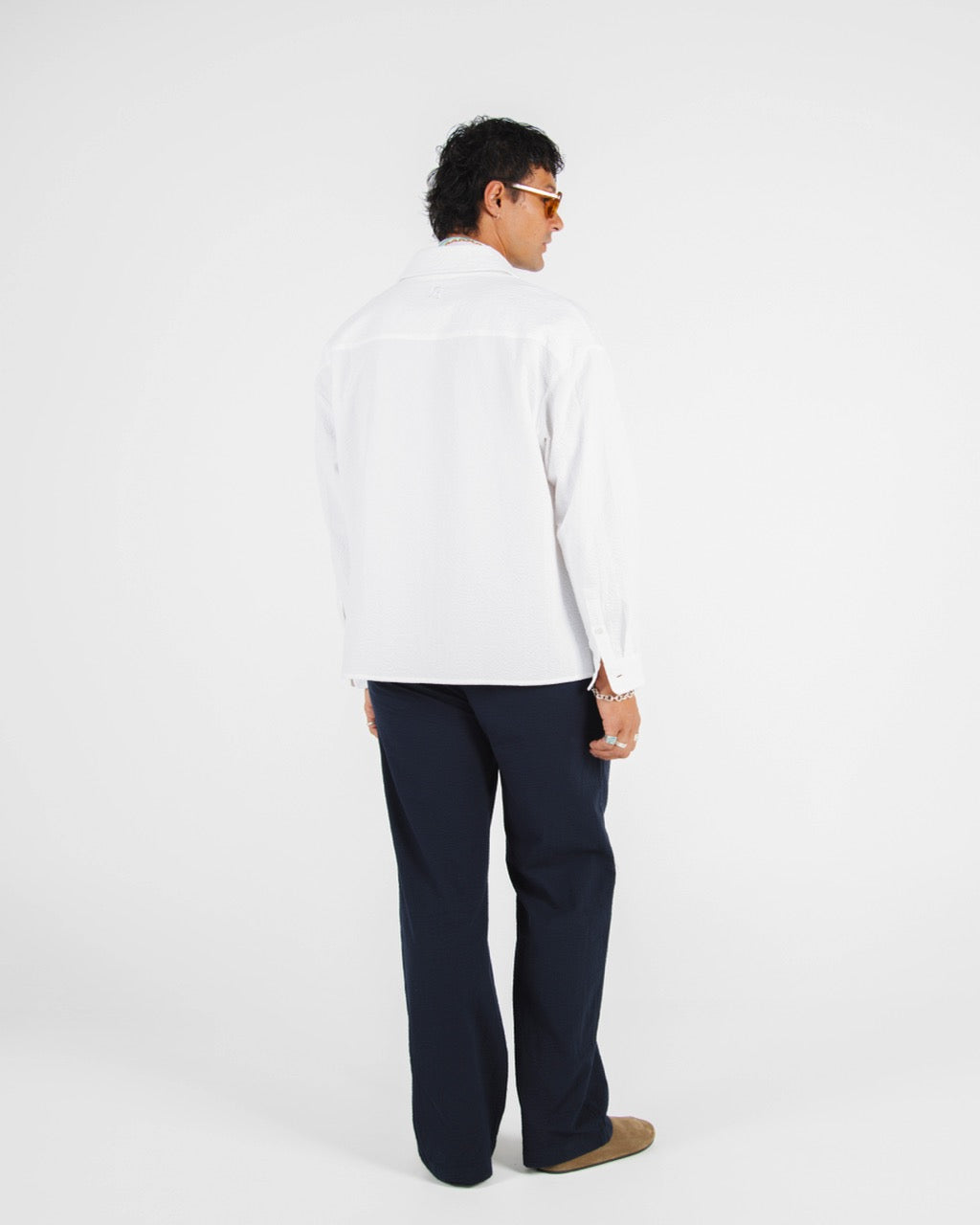 L/S CROP SEERSUCKER SHIRT - WHITE