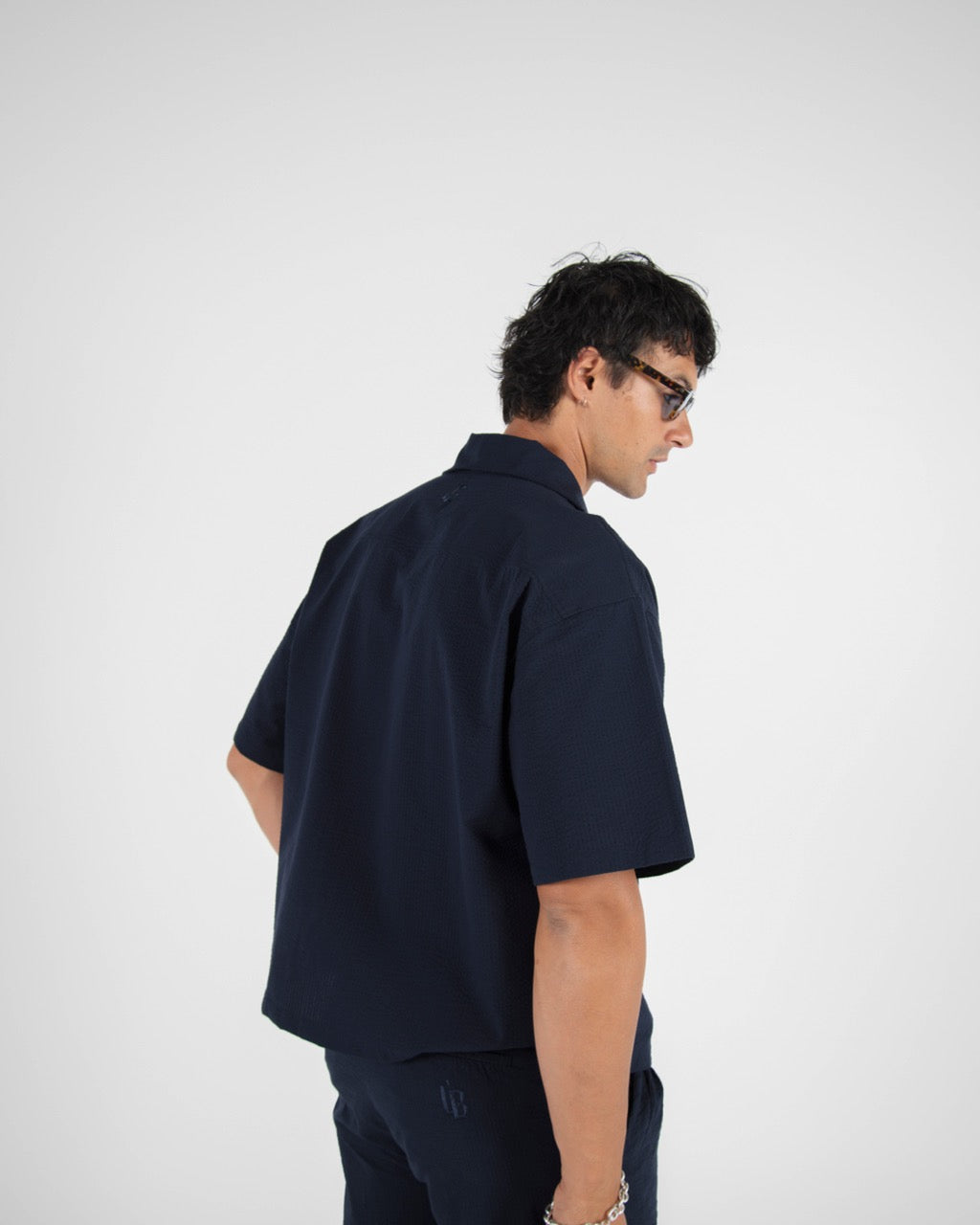 S/S CROP SHIRT SEERSUCKER - NAVY