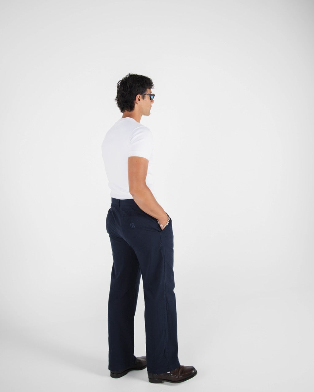 WIDE LEG SEERSUCKER TROUSER - NAVY