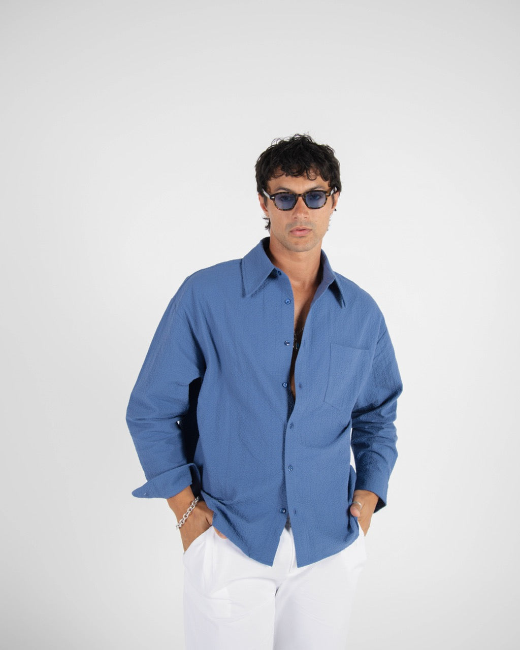 L/S CROP SEERSUCKER SHIRT - LIGHT BLUE