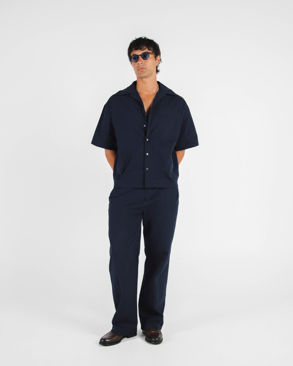 WIDE LEG SEERSUCKER TROUSER - NAVY