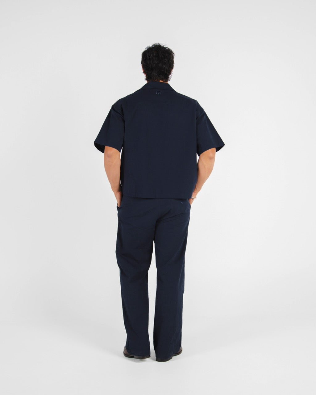 WIDE LEG SEERSUCKER TROUSER - NAVY
