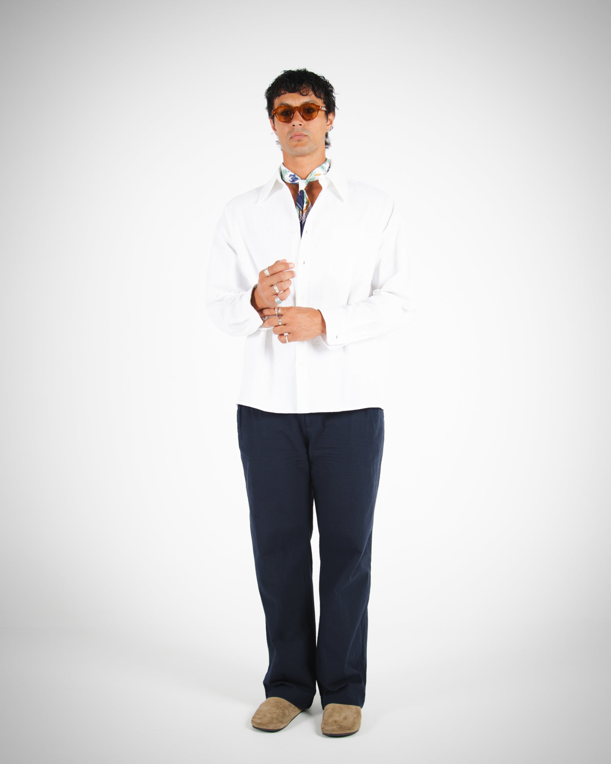 L/S CROP SEERSUCKER SHIRT - WHITE