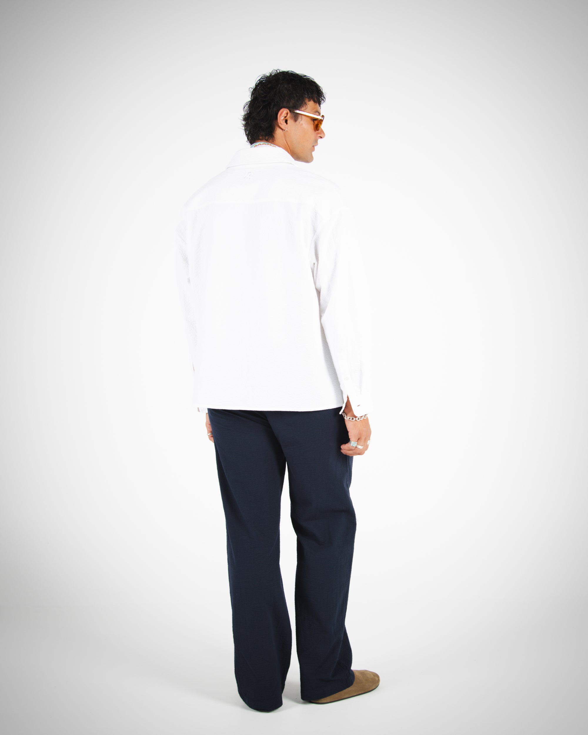 L/S CROP SEERSUCKER SHIRT - WHITE