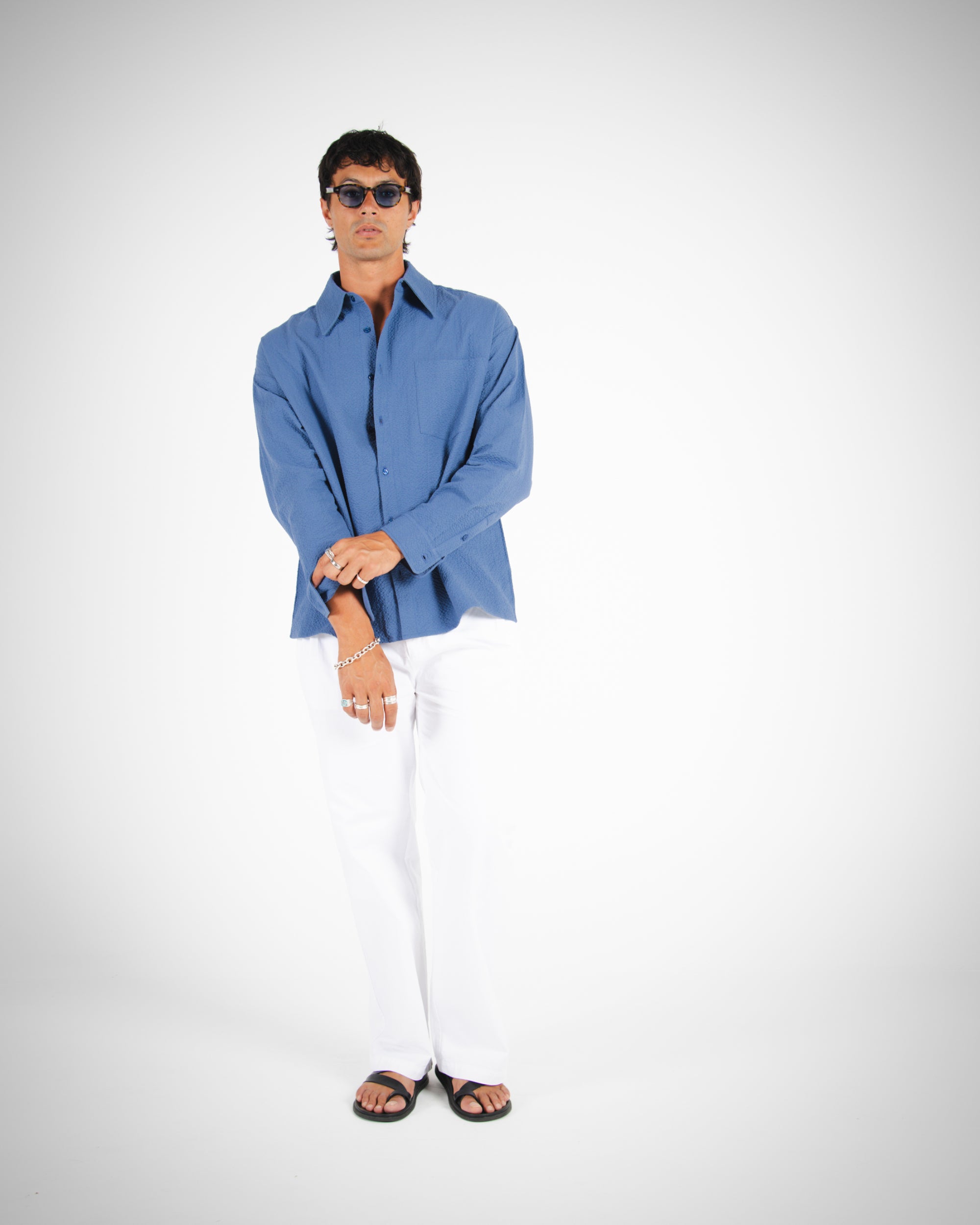 L/S CROP SEERSUCKER SHIRT - LIGHT BLUE