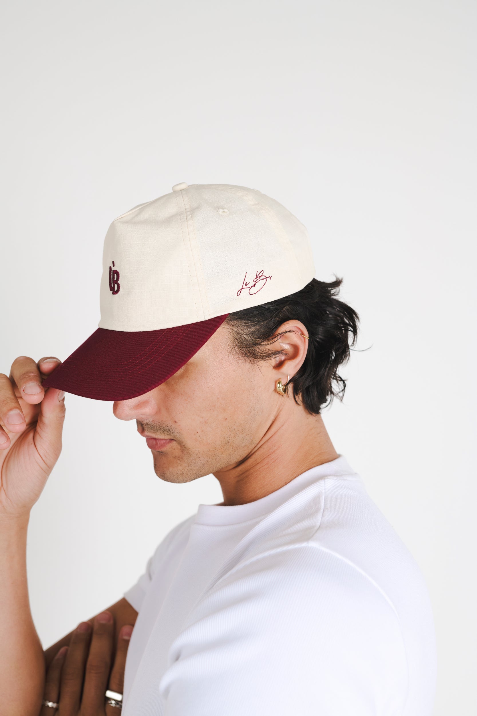 LÈ BAUS 5 PANEL CAP - CREAM/BURGUNDY