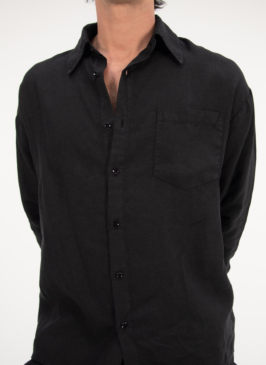 L/S CROP LINEN SHIRT - BLACK