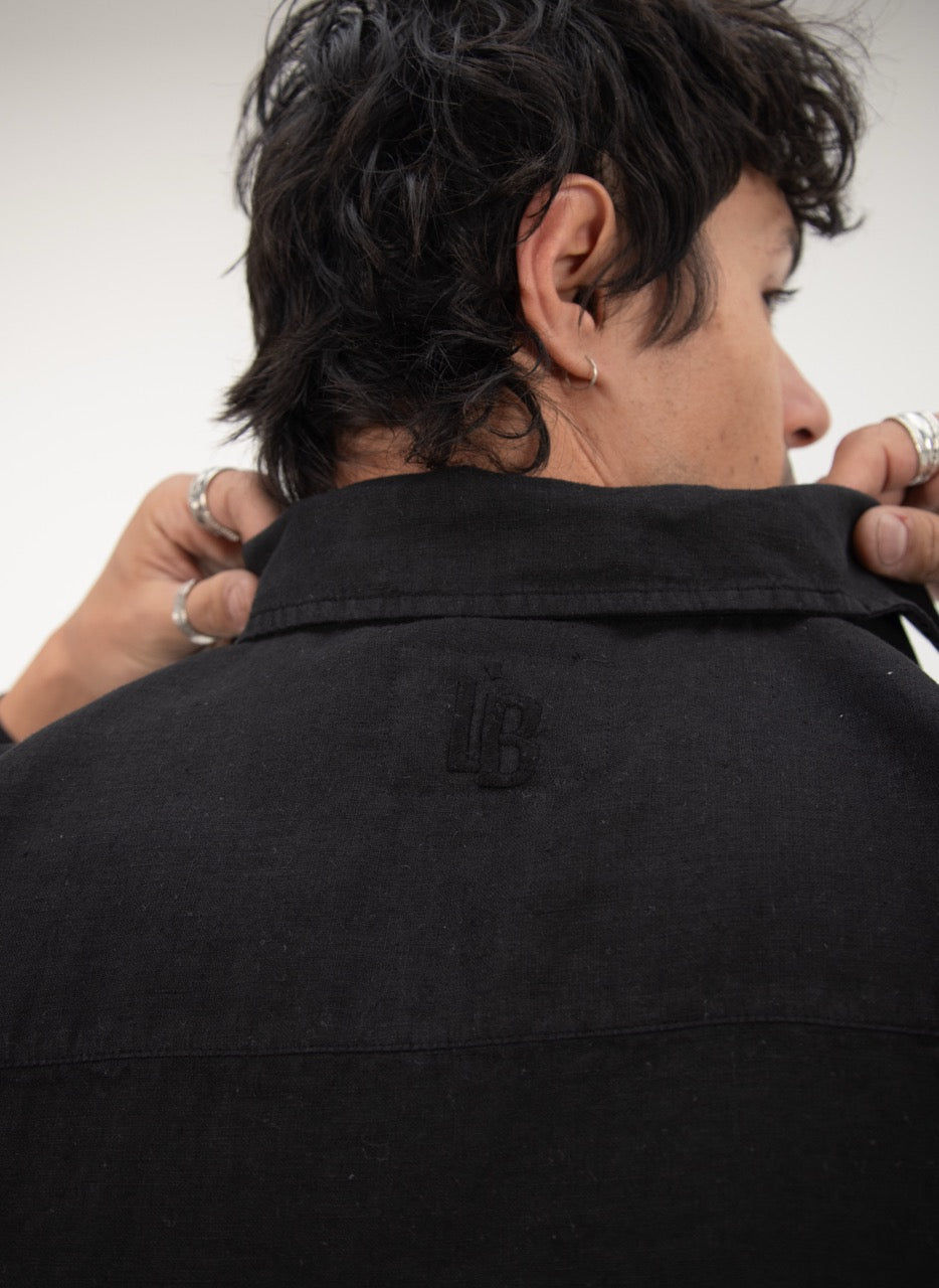 L/S CROP LINEN SHIRT - BLACK