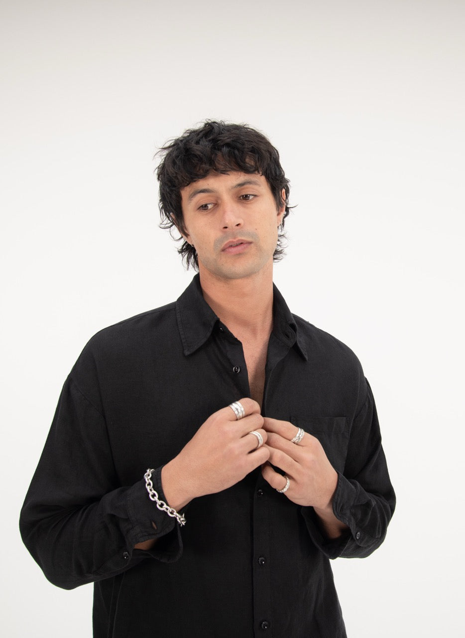 L/S CROP LINEN SHIRT - BLACK