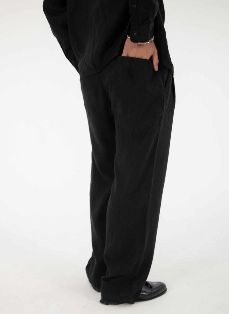 WIDE LEG LINEN PANTS - BLACK