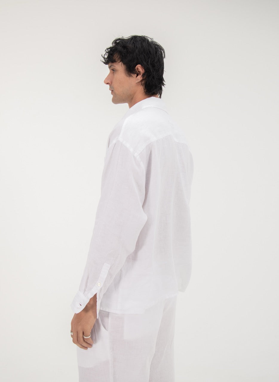 L/S CROP LINEN SHIRT - WHITE