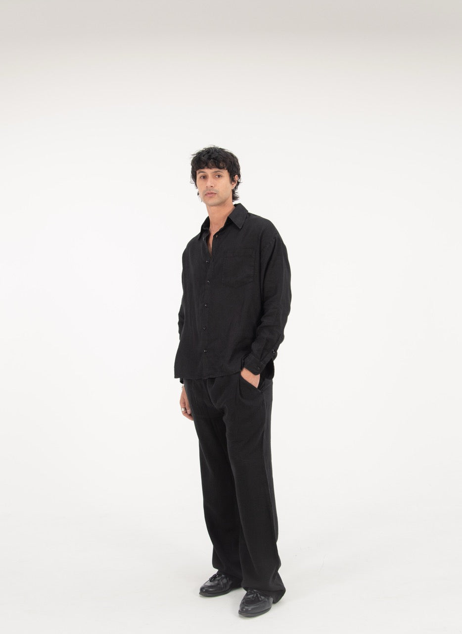 L/S CROP LINEN SHIRT - BLACK