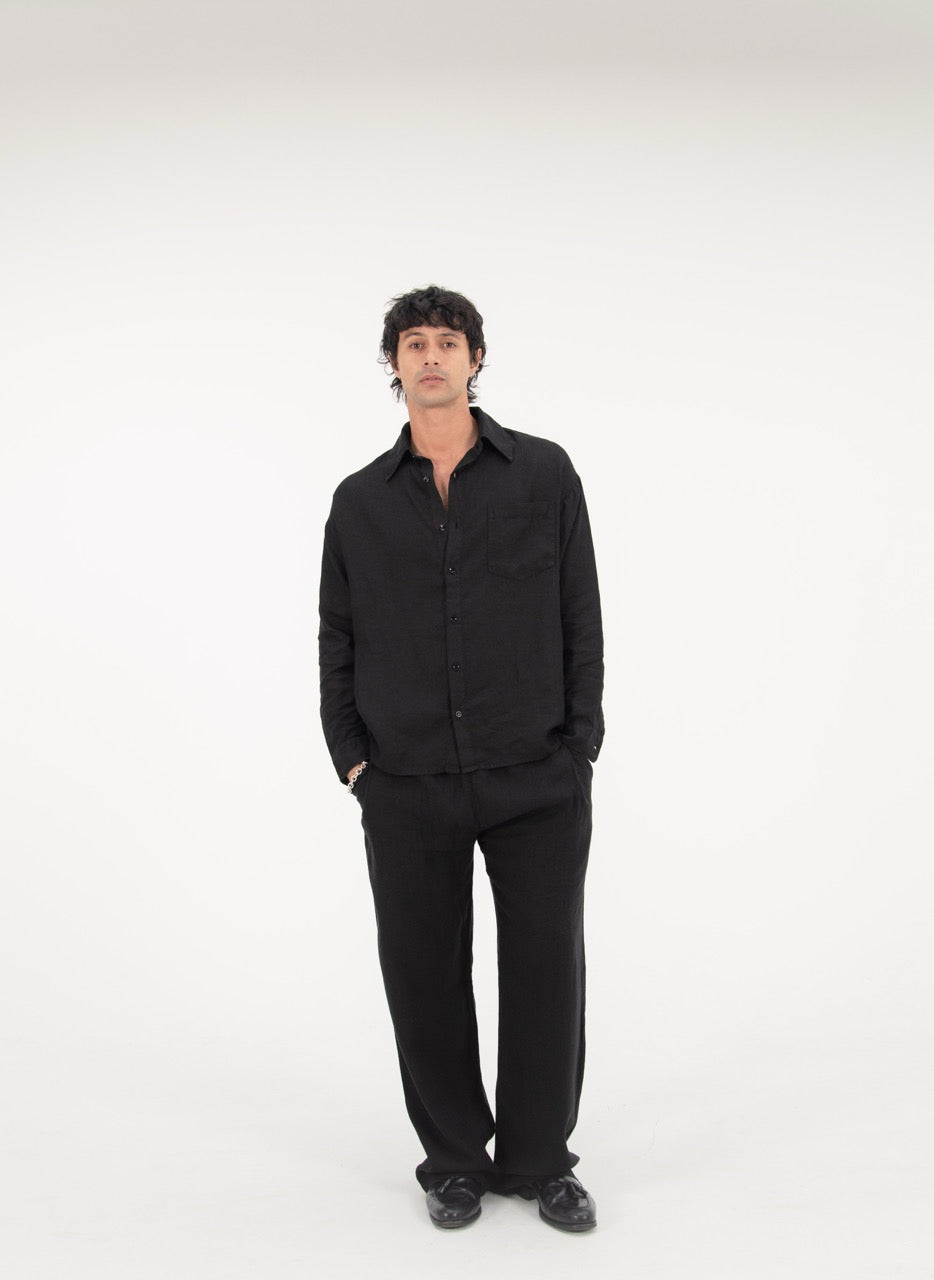 L/S CROP LINEN SHIRT - BLACK